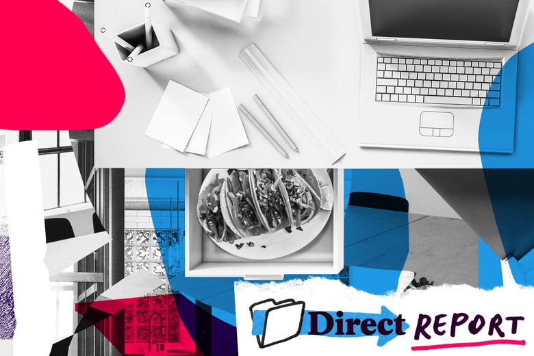 Photo collage of an office desk with tacos inside.